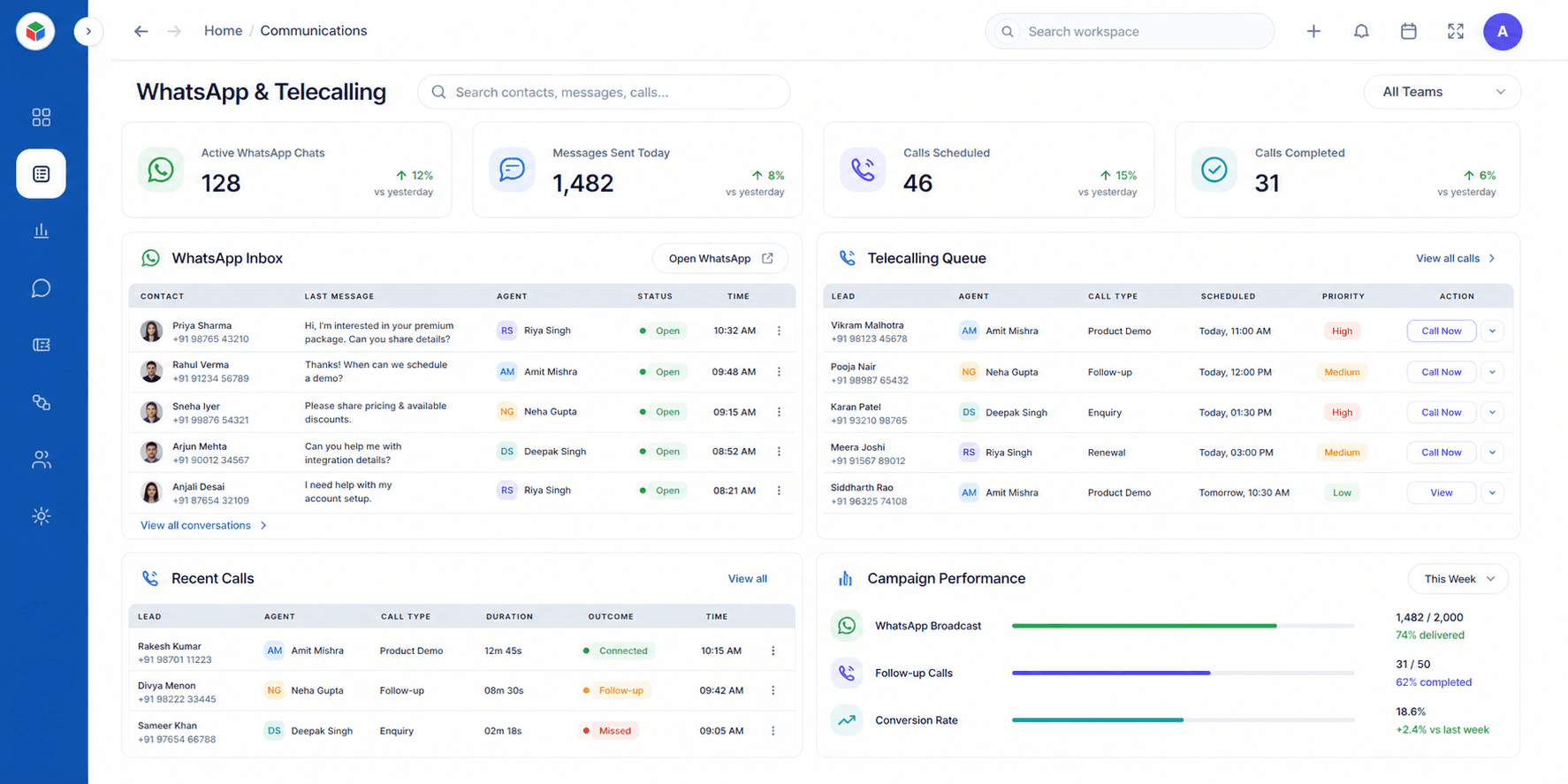WhatsApp + Telecalling CRM product preview