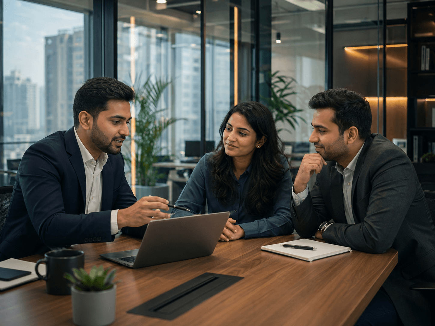 CRM team discussing a lead strategy in a modern office